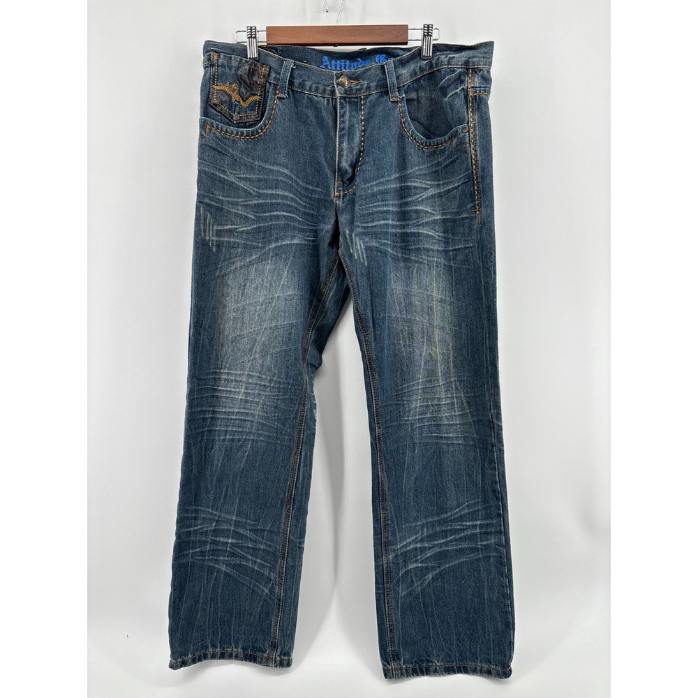 Attitude Gold Straight Leg Mens Blue Denim Cotton Streetwear Whisker 40x34 Y2K